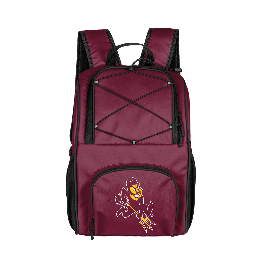 Maroon backpack with a logo on a white background