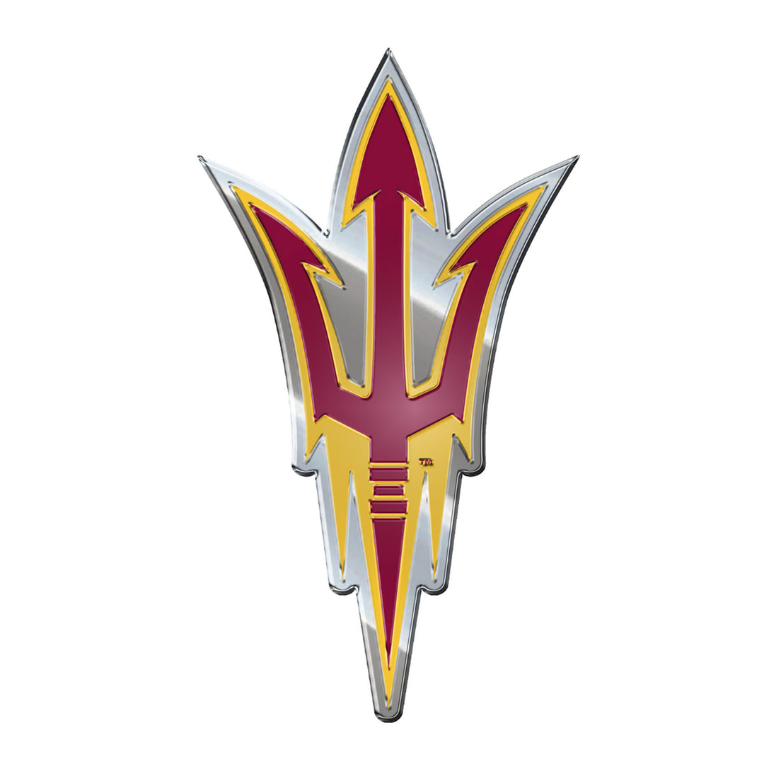 Maroon and gold pitchfork outlined in silver