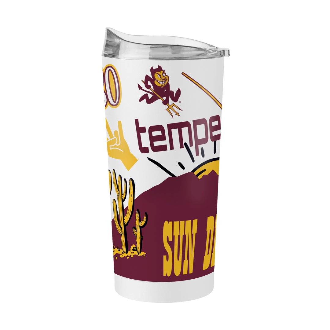 Tumbler with colorful design featuring emblems of ASU and Tempe
