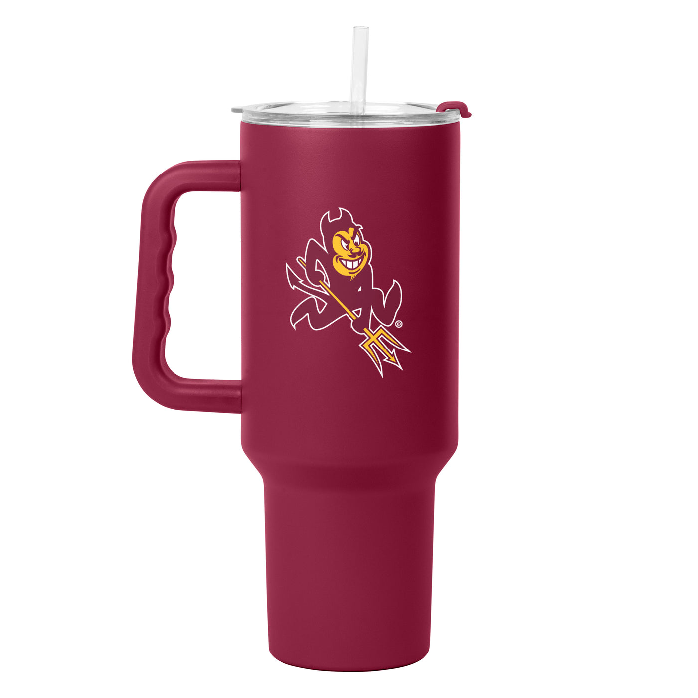 Maroon tumbler with clear lid and straw with charging Sparky on front in maroon and gold