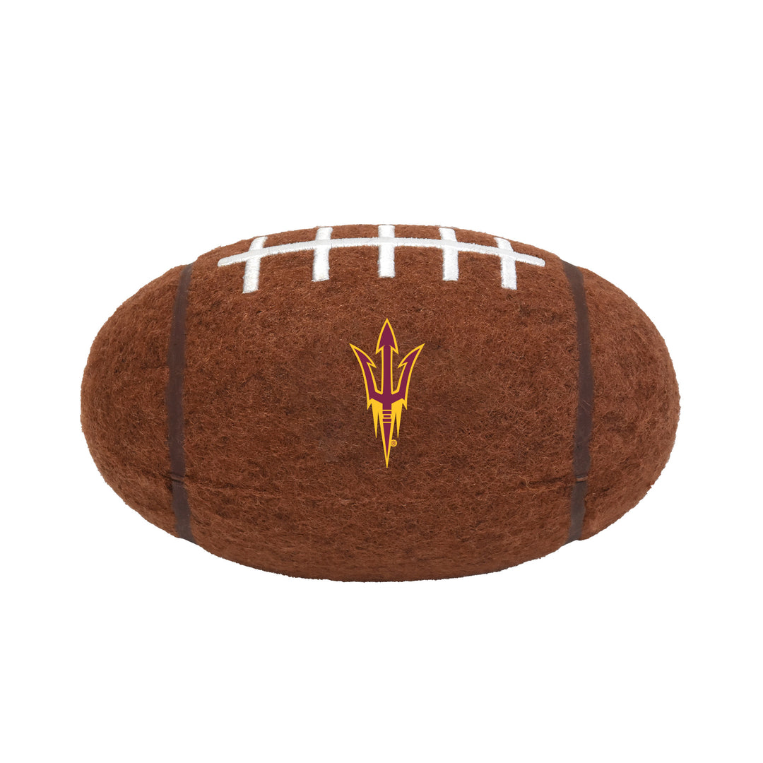 Plush football with a logo on a white background