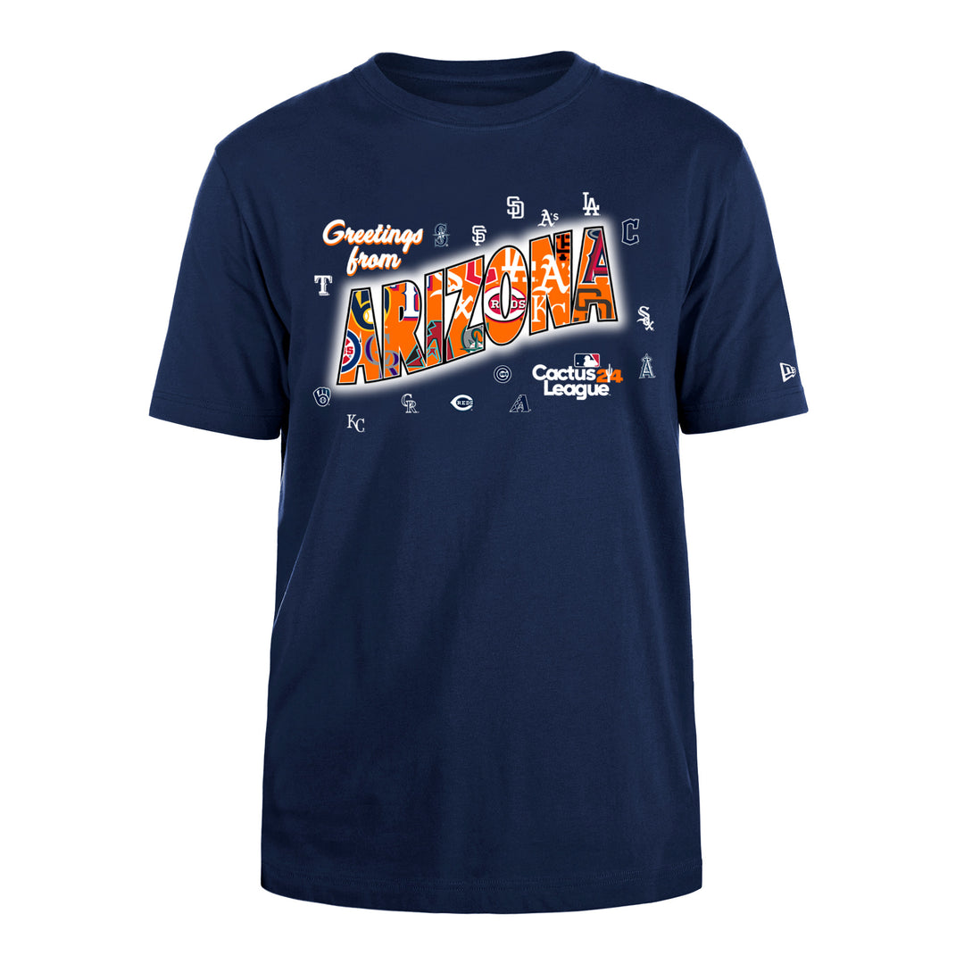 Navy blue t-shirt with colorful 'Greetings from Arizona' text and logos on a white background
