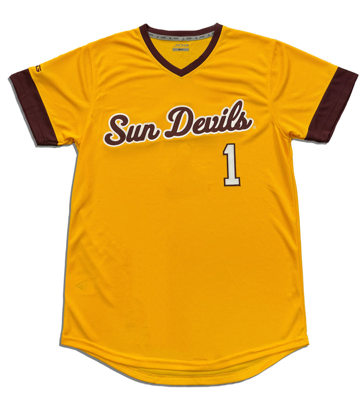 This is a gold baseball jersey based off the 1969 season. "Sun Devils" is written in maroon cursive text with a white outline, and there is a #1 in white below the text. The collar and sleeve ends are maroon. On the back there is a larger #1 in white. 