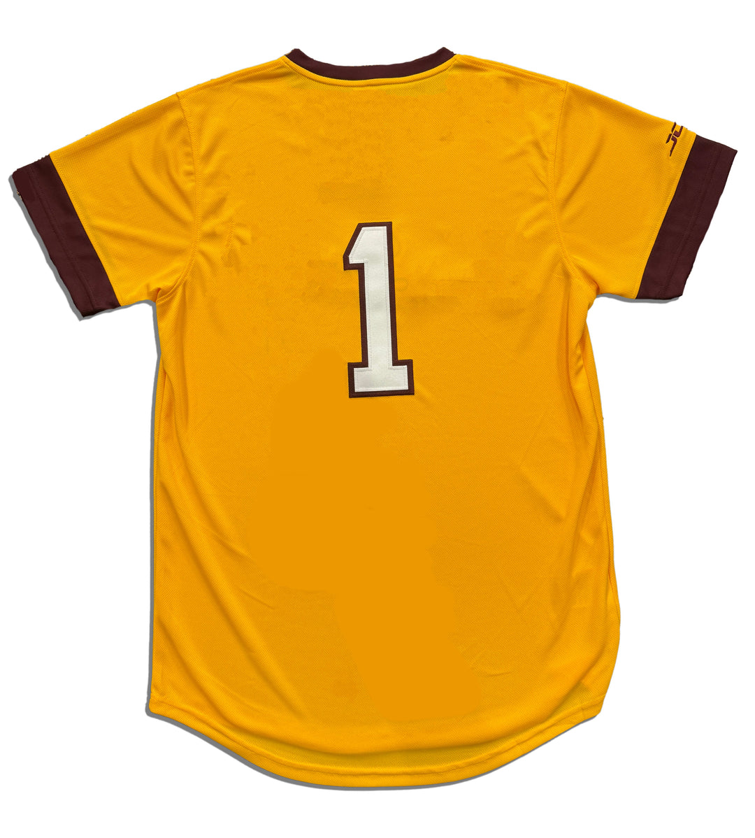 Back of gold jersey with the number one patched onto the center back in white outlined in maroon. Collar and sleeves have maroon detailing. 