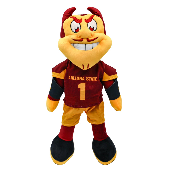 Plush toy of a mascot in Arizona State uniform on a white background