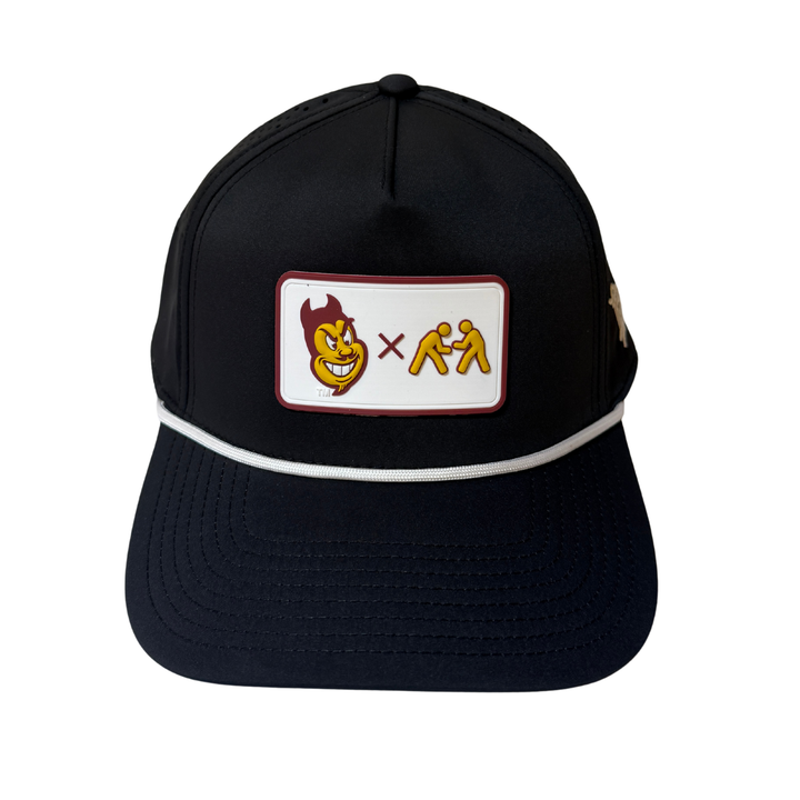 black hat with white rope and sparkyface X wrestling patch
