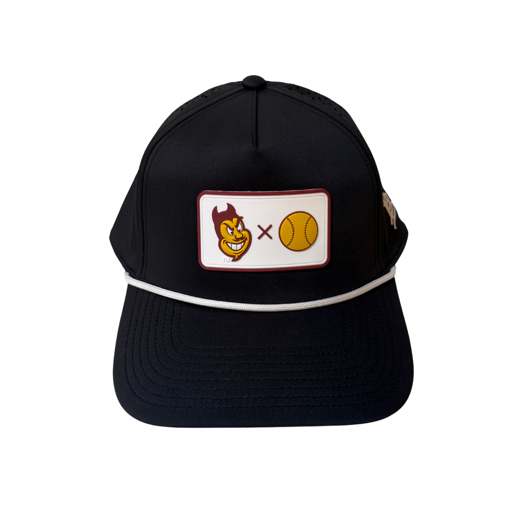 black hat with white rope. Sparkyface X baseball patch on front