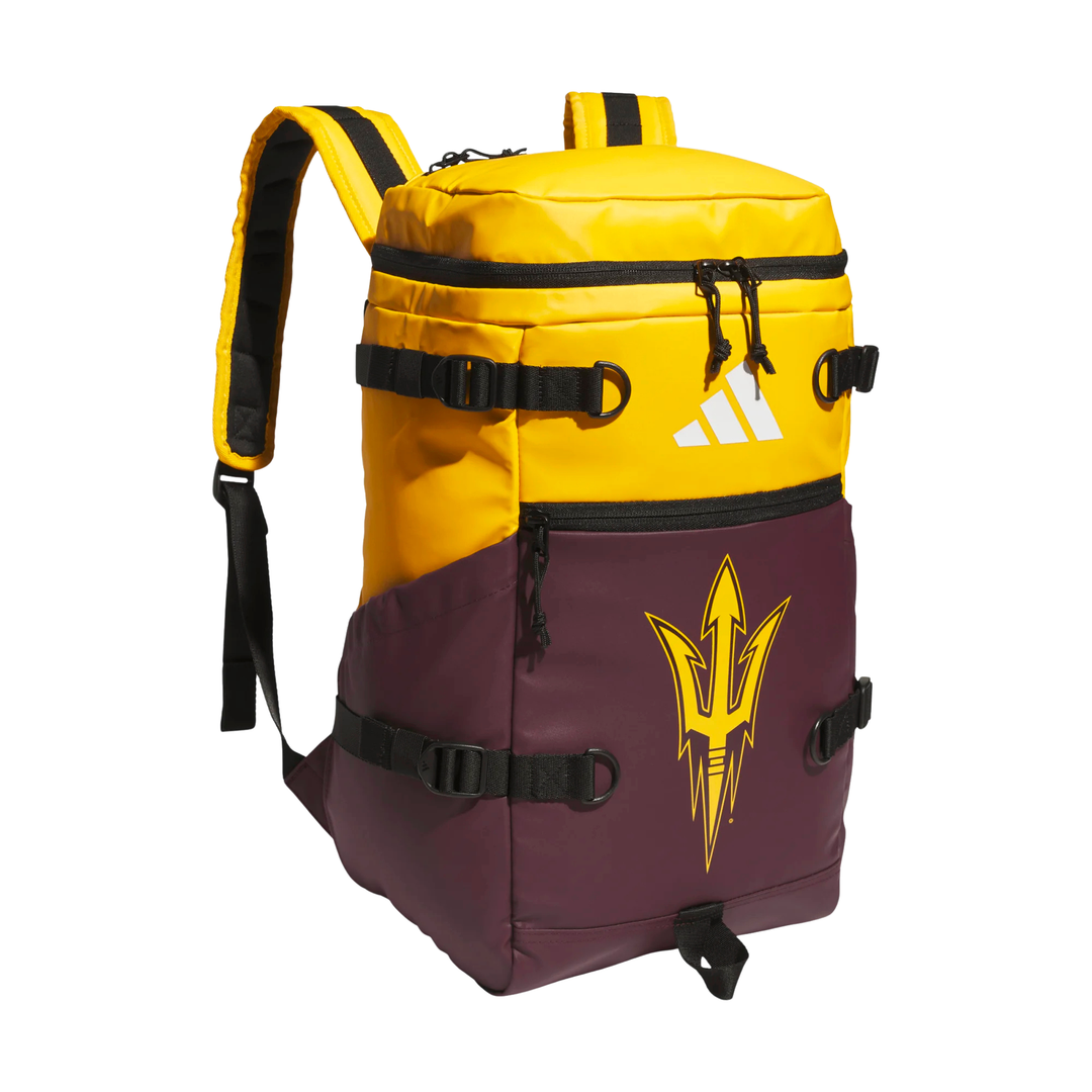 Maroon and gold backpack with adjustable straps and buckles