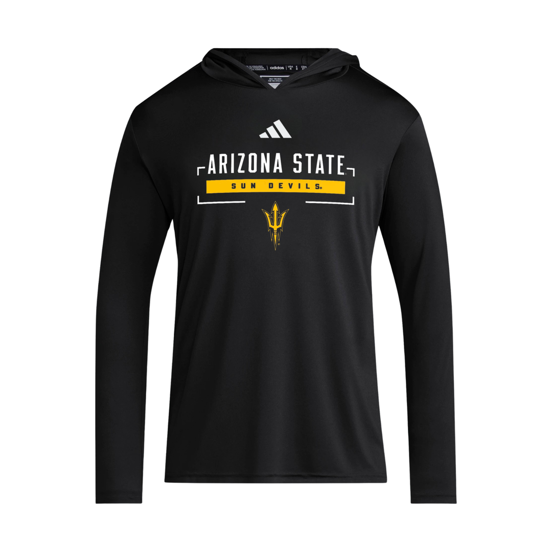 black long sleeve hoody tee with Arizona State Sun Devils, Adidas logo, and pitchfork logo
