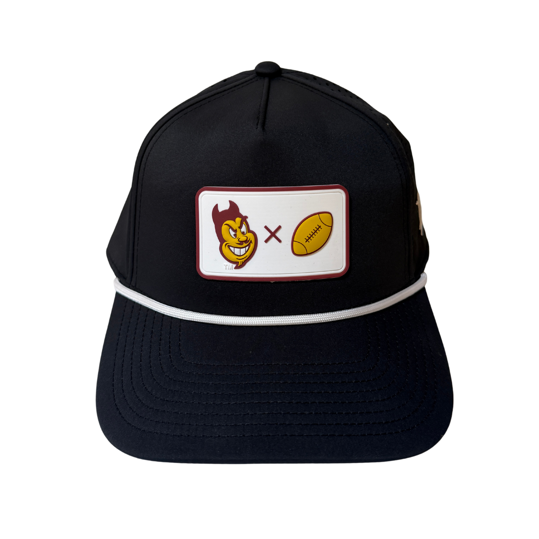 black hat with white rope and sparkyface X football patch