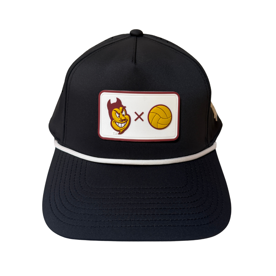 black hat with white rope and sparkyface X Volleyball patch