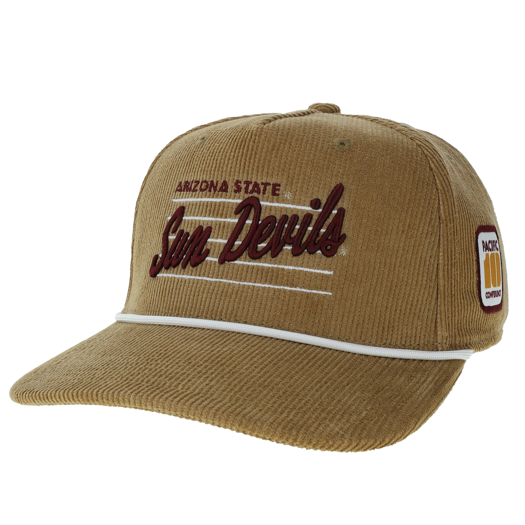 Khaki corduroy with maroon outlined "Pack 10 Conference" on left side, "Arizona State" in maroon over "Sun Devils" in maroon with five white stripes behind it