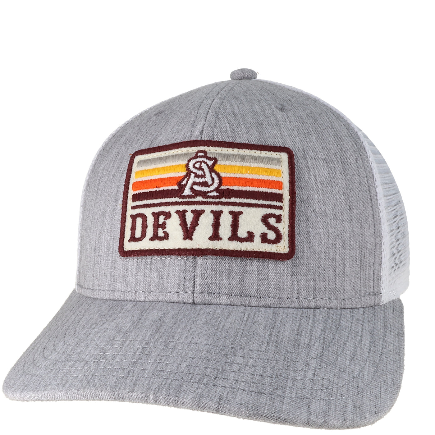Grey front and brim hat with multi colored patch and 'Devils' with an interlocking A&S in maroon.