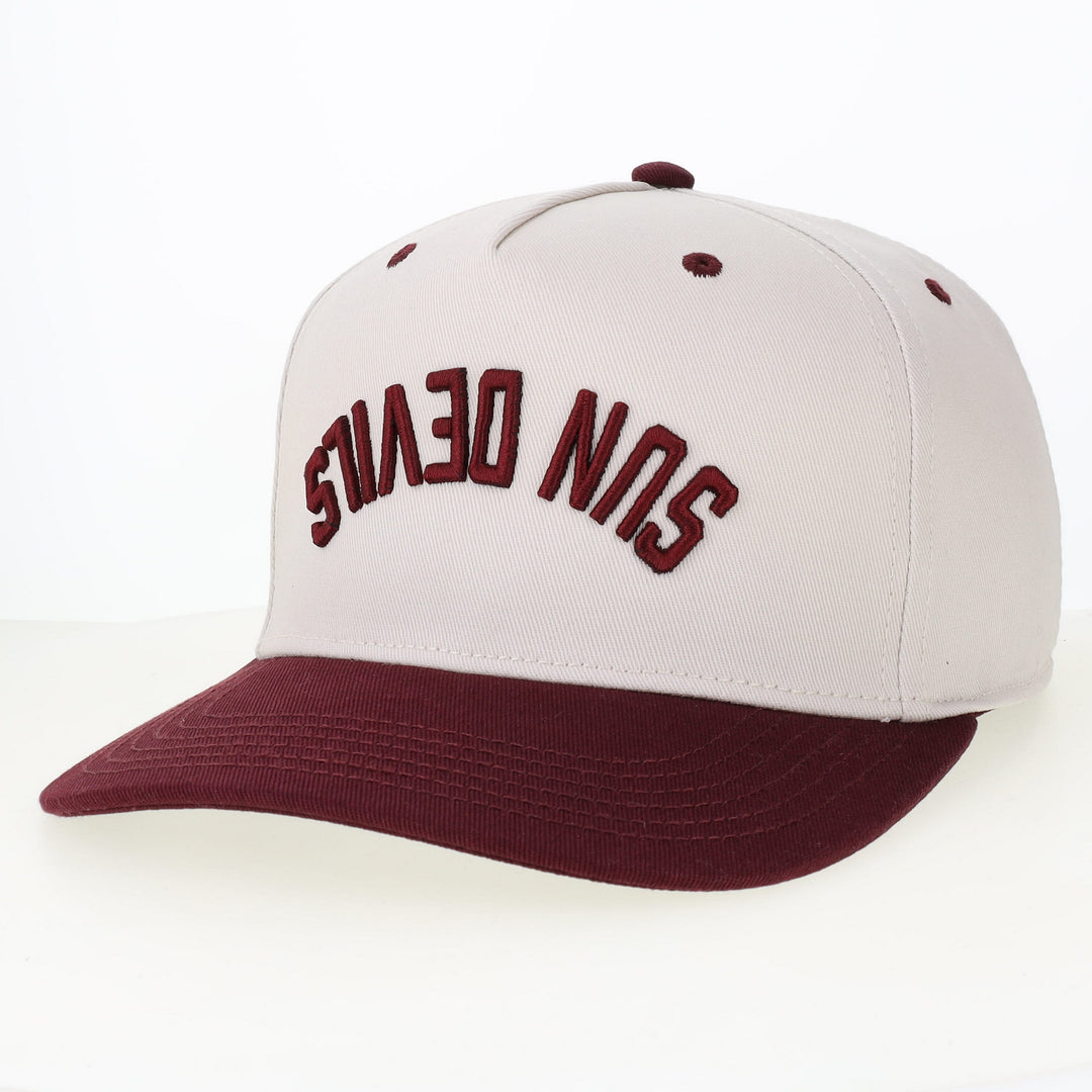 Stone color hat with maroon brim and 'Sun Devils' upside down and backwards.
