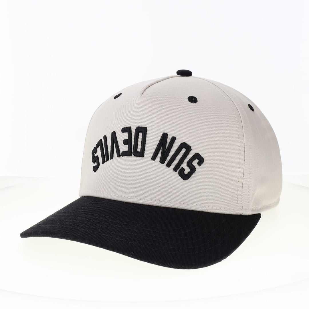 Stone color hat with black brim and 'Sun Devils' upside down and backwards.