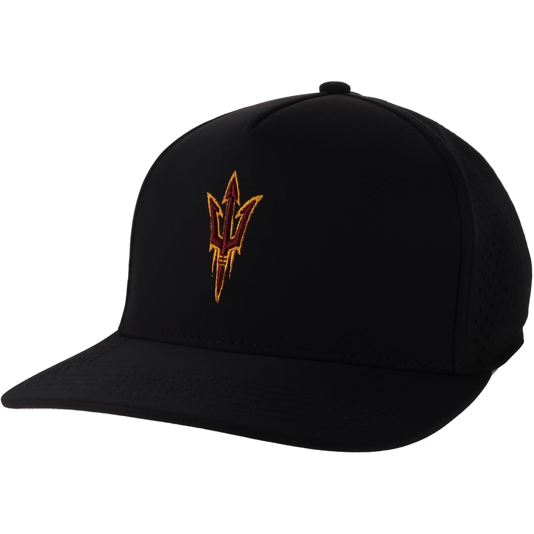 Black hat with maroon and gold pitchfork in the front.