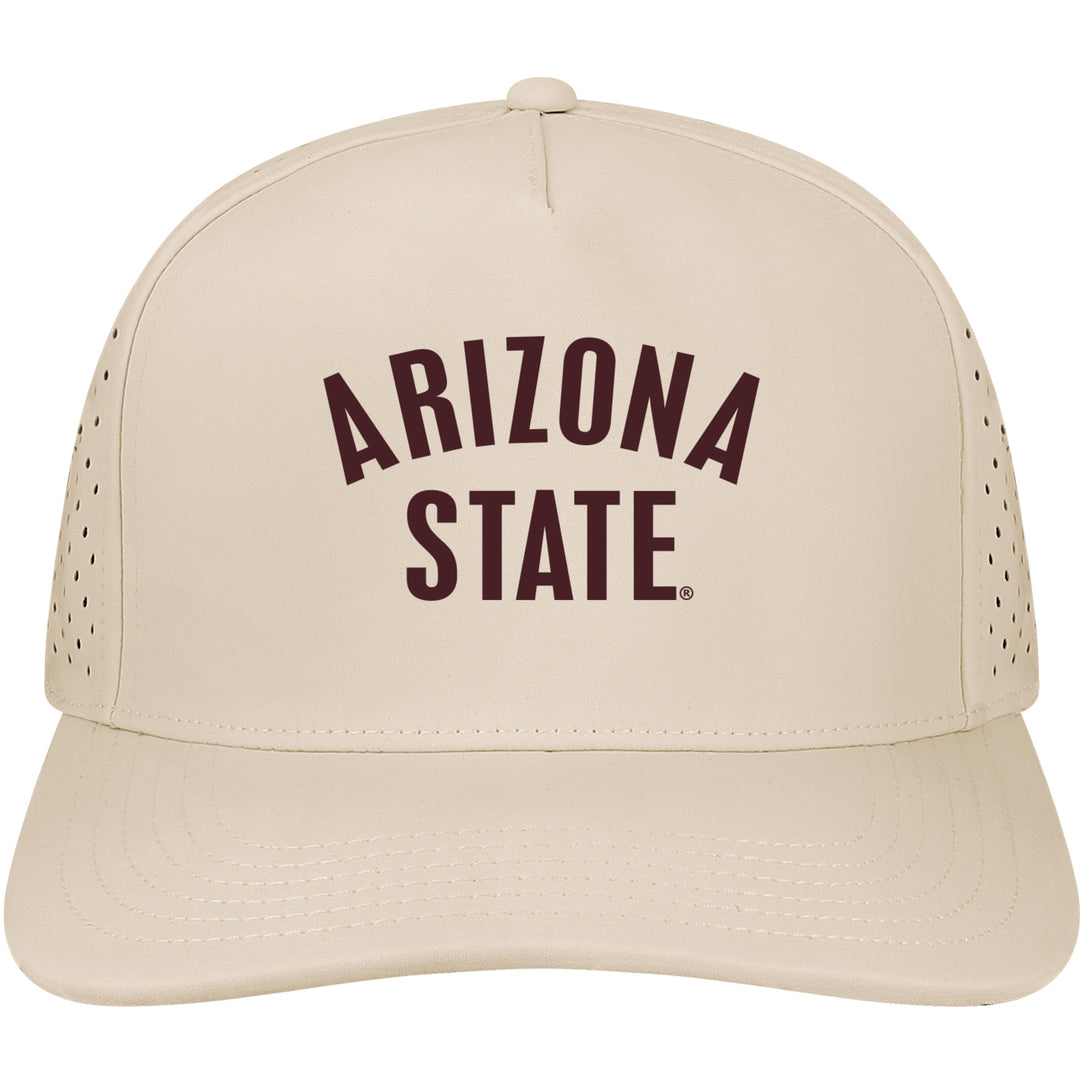 Stone colored hat with 'Arizona State' in maroon.