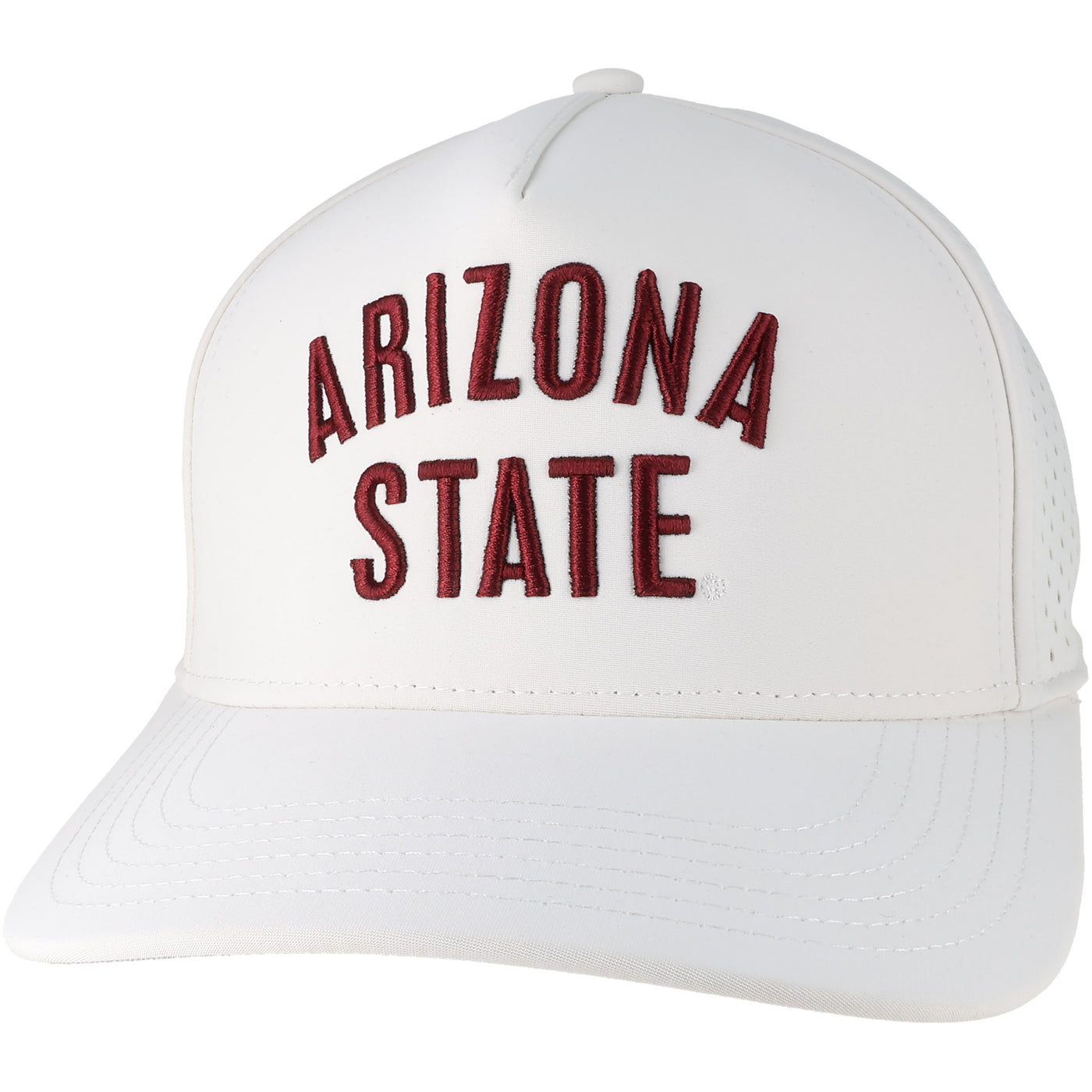White hat with 'Arizona State' in maroon on the front.