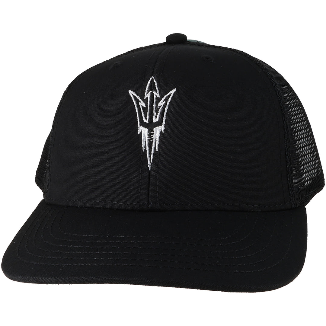 Black hat with white outlined pitchfork on the front