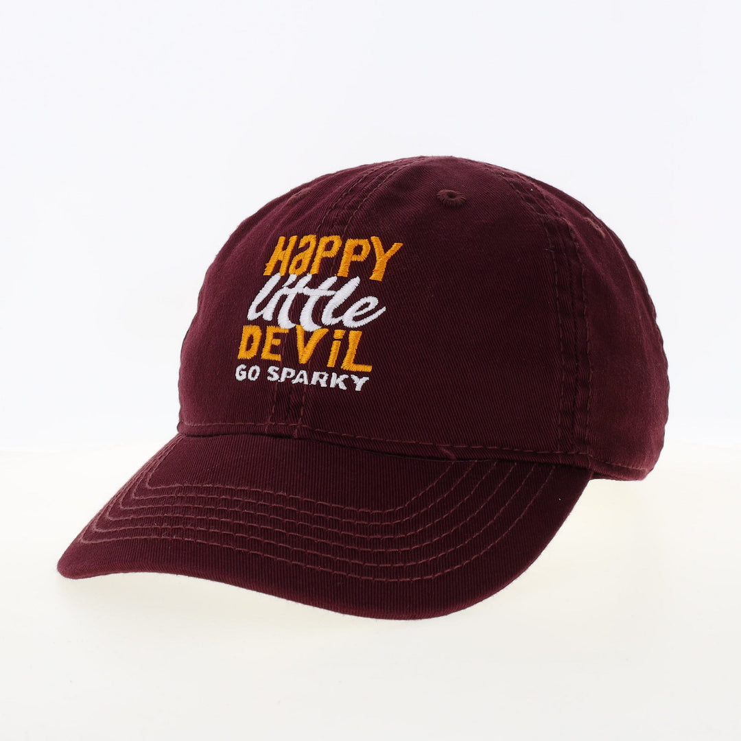 Maroon hat with 'Happy Little Devil Go Sparky' in alternating gold and white wording.
