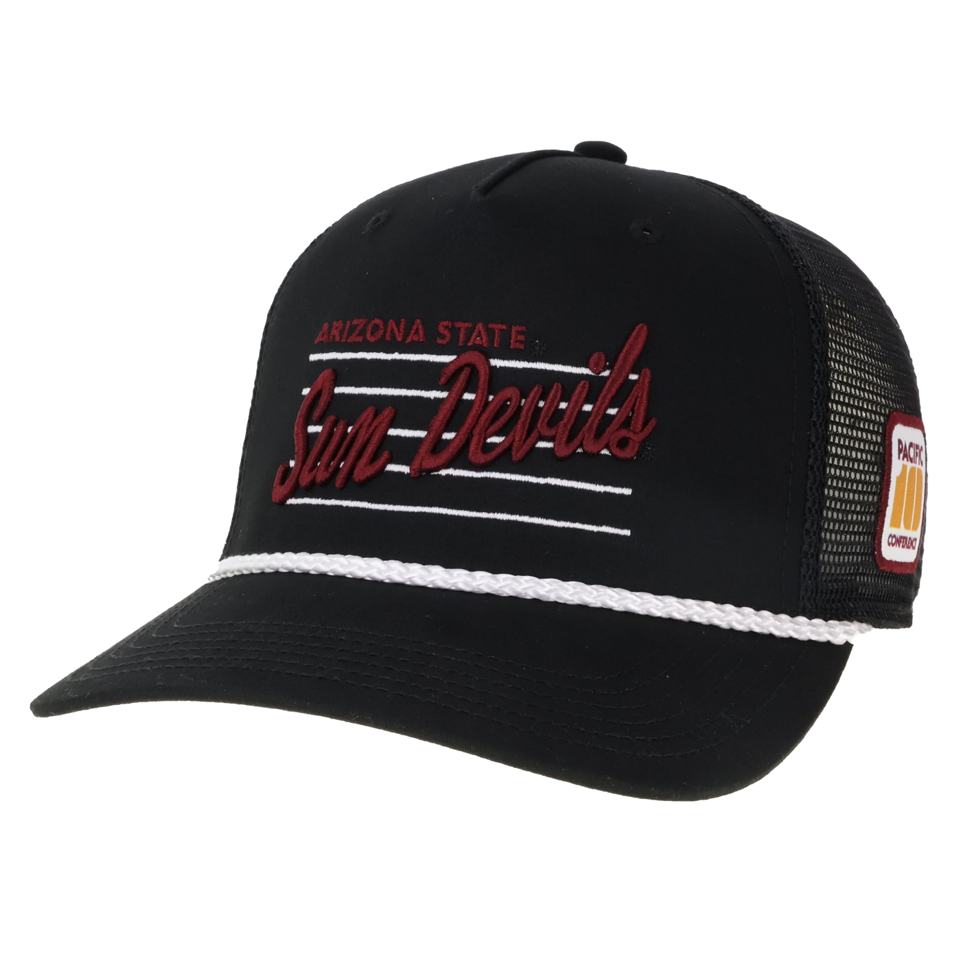black trucker hat with white rope. 
