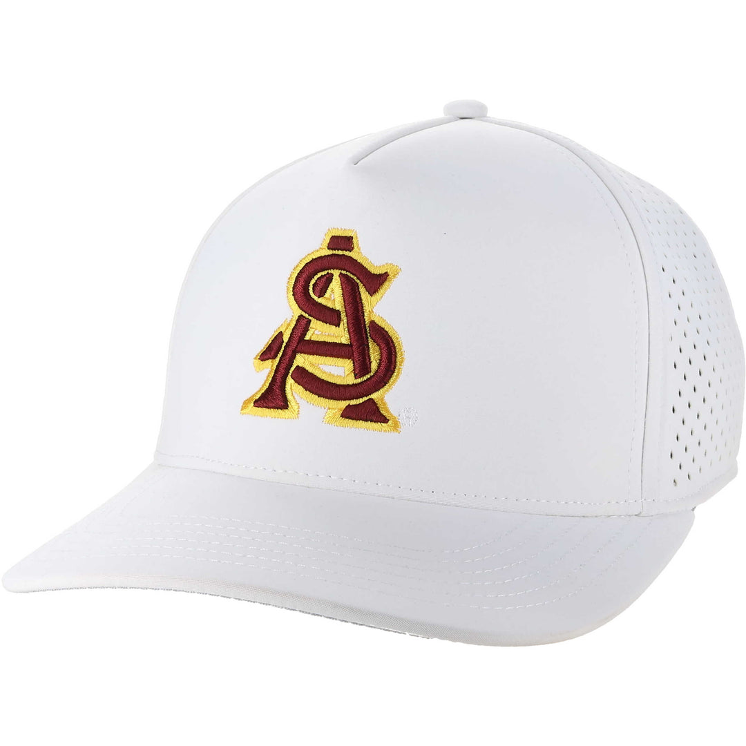 White structured hat with A&S logo, maroon text, yellow outline