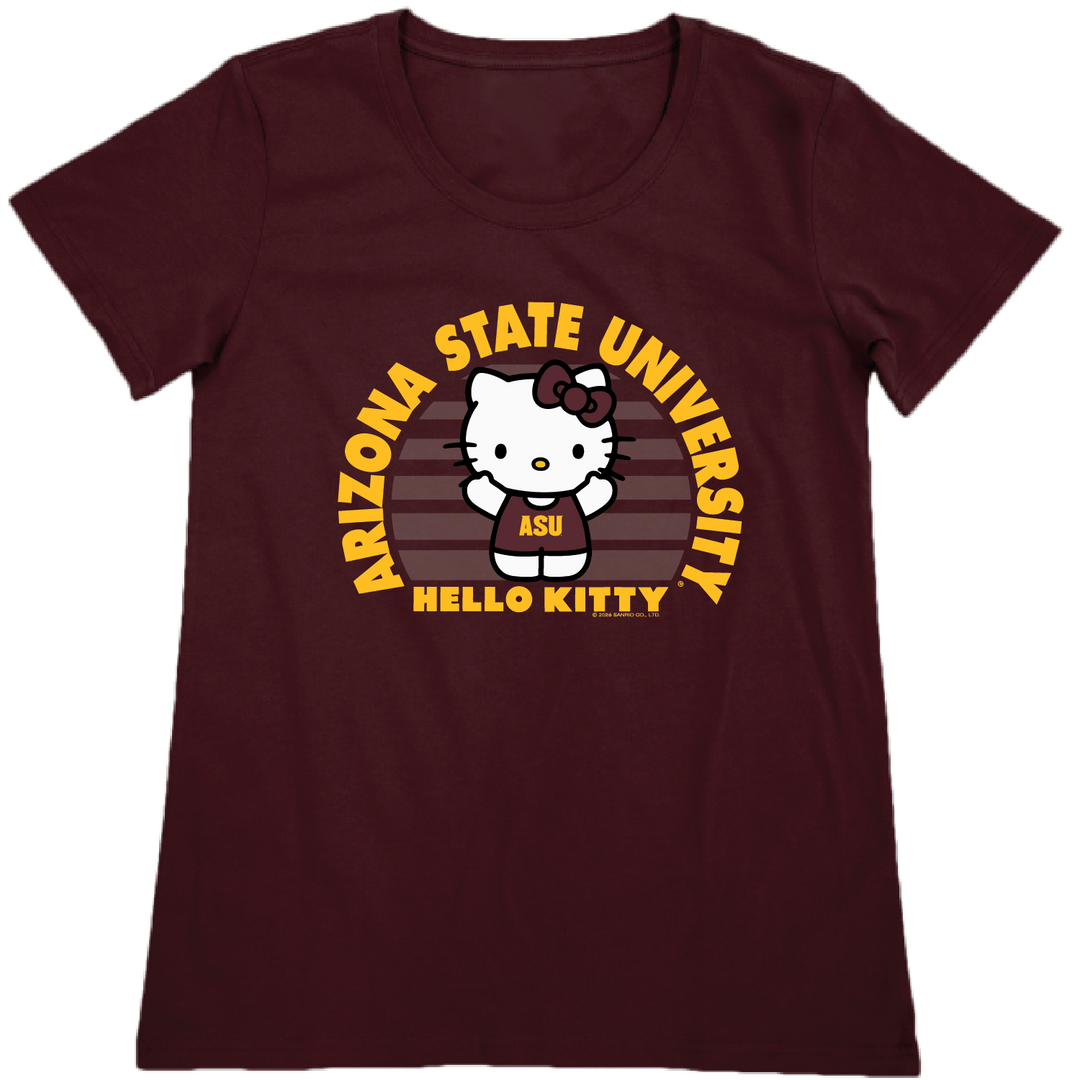 Maroon t-shirt with Arizona State University and Hello Kitty design on a white background