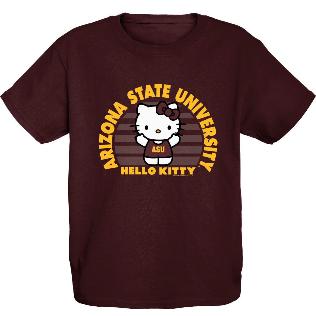 Maroon t-shirt with Arizona State University and Hello Kitty design on a white background