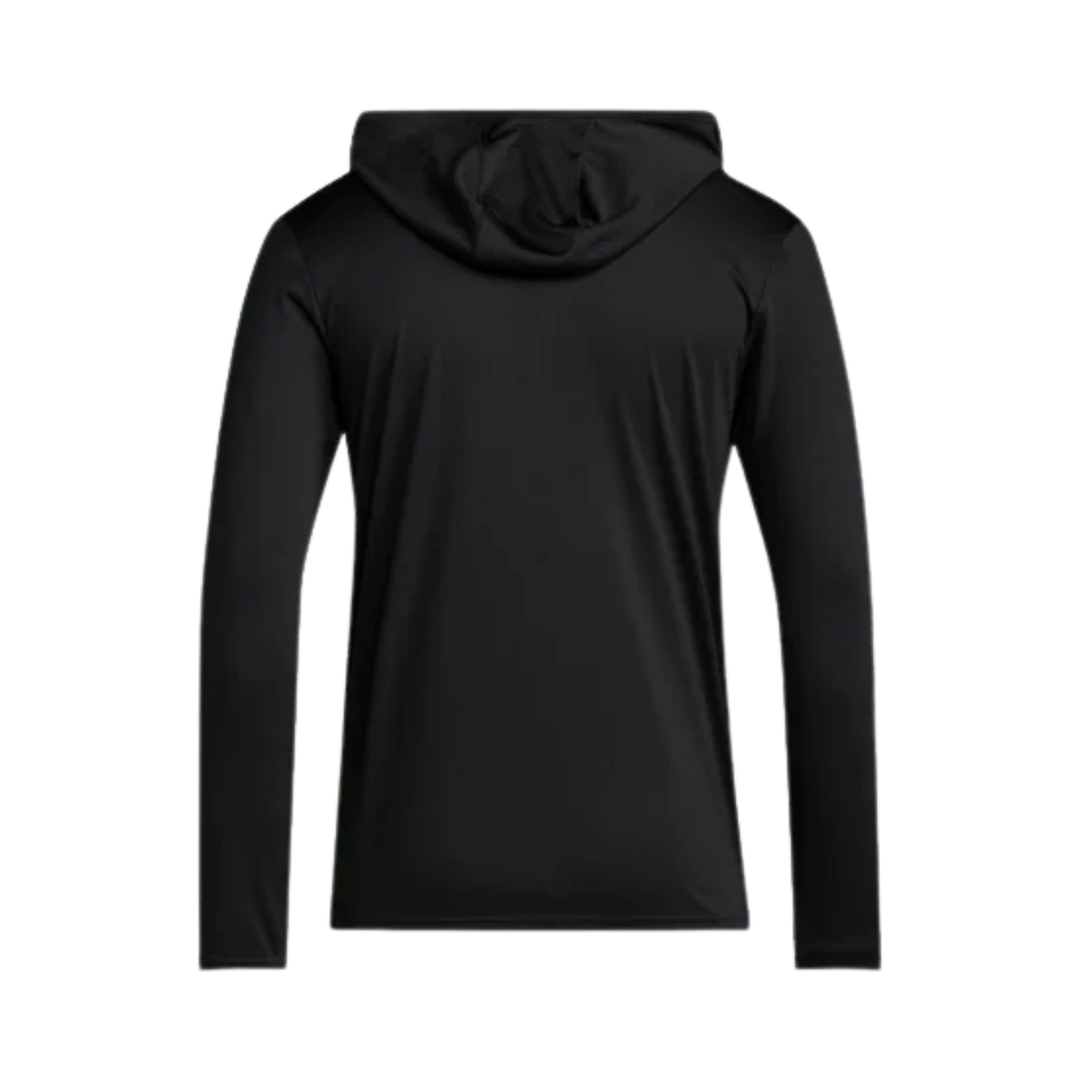 back of black long sleeve hoody tee