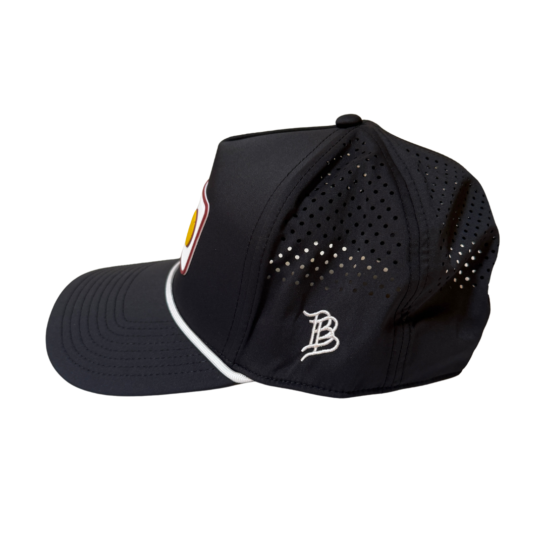 side of black hat with Branded Bills logo
