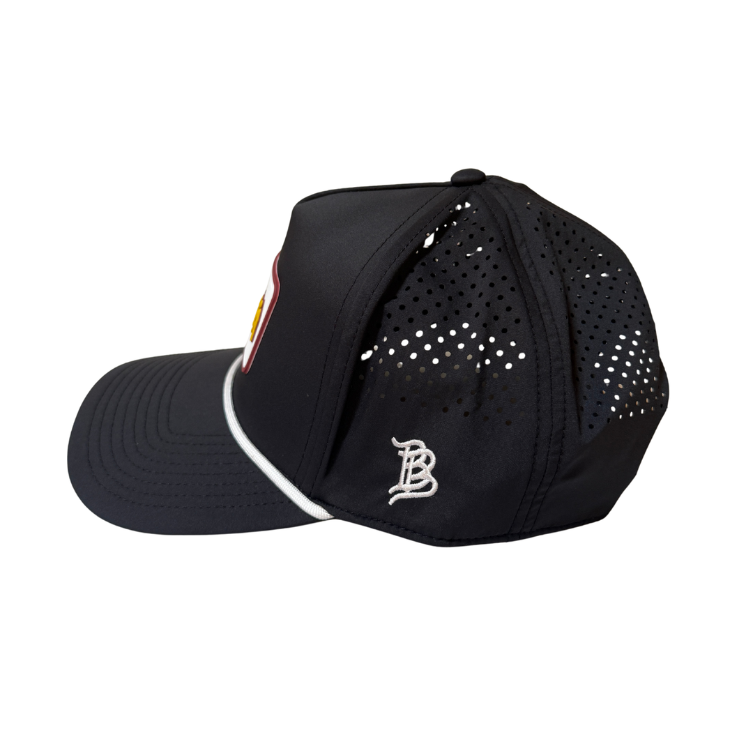side of black hat with Branded bills logo