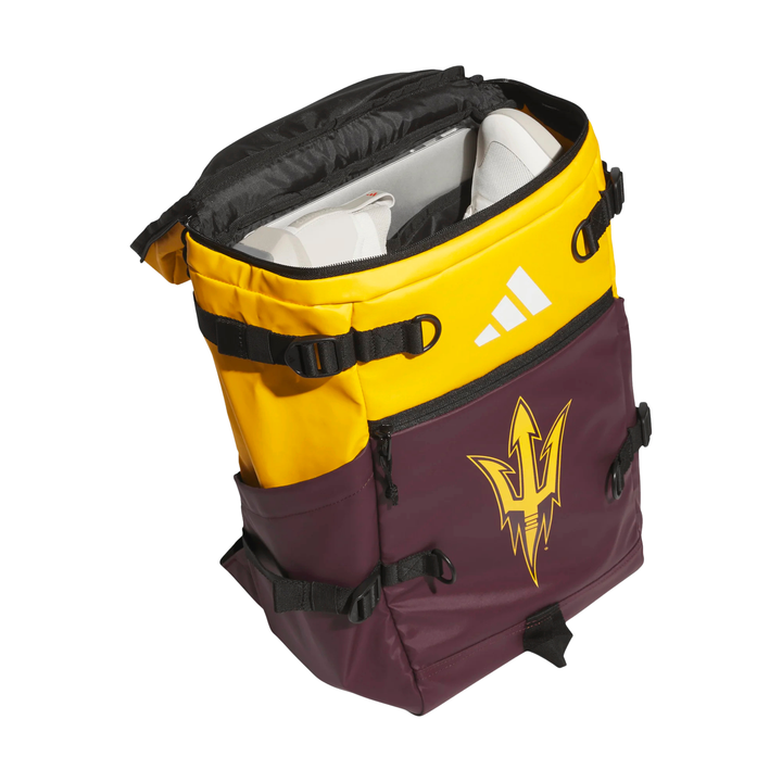 An Adidas Arizona State Sun Devils backpack shown open, featuring a gold top section with a white Adidas logo, a maroon bottom section with a gold Arizona State Sun Devils logo, and black straps.