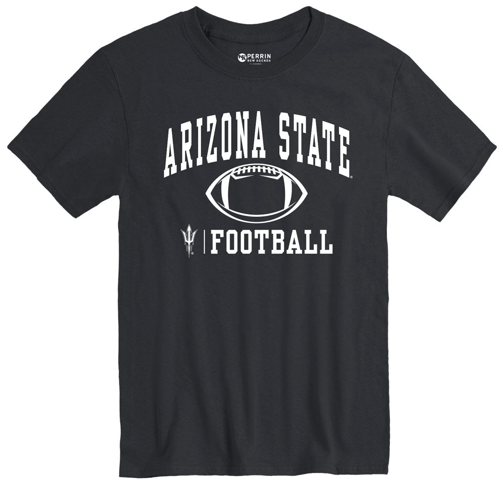 Black tee featuring “ARIZONA STATE” above a detailed football graphic. “FOOTBALL” is printed below, flanked by the sleek ASU pitchfork logo