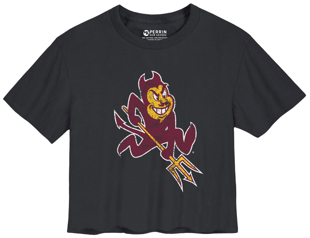 ASU Distressed Sparky Ladies Crop Tee BLK