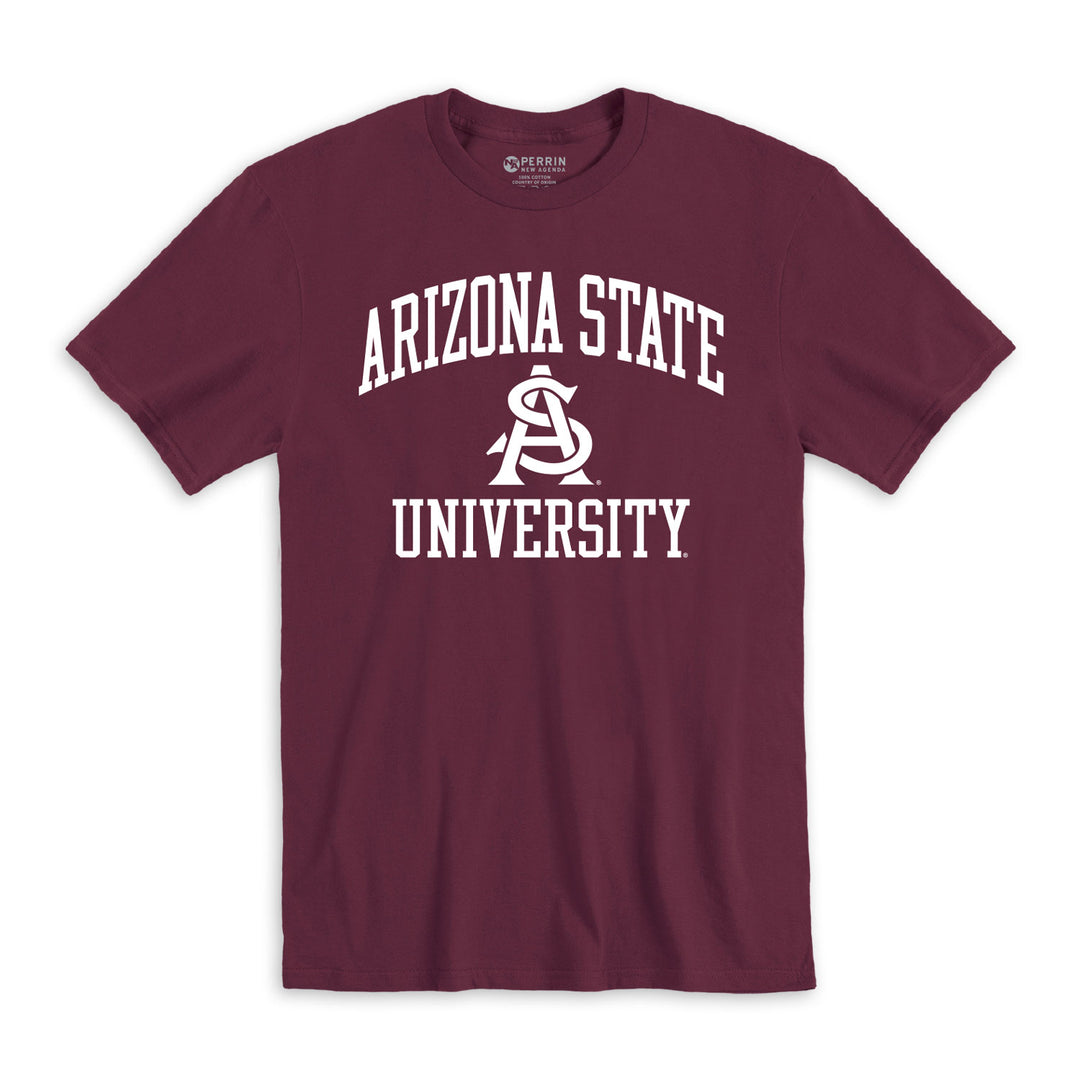 Maroon t-shirt with 'Arizona State University' text and logo on a white background