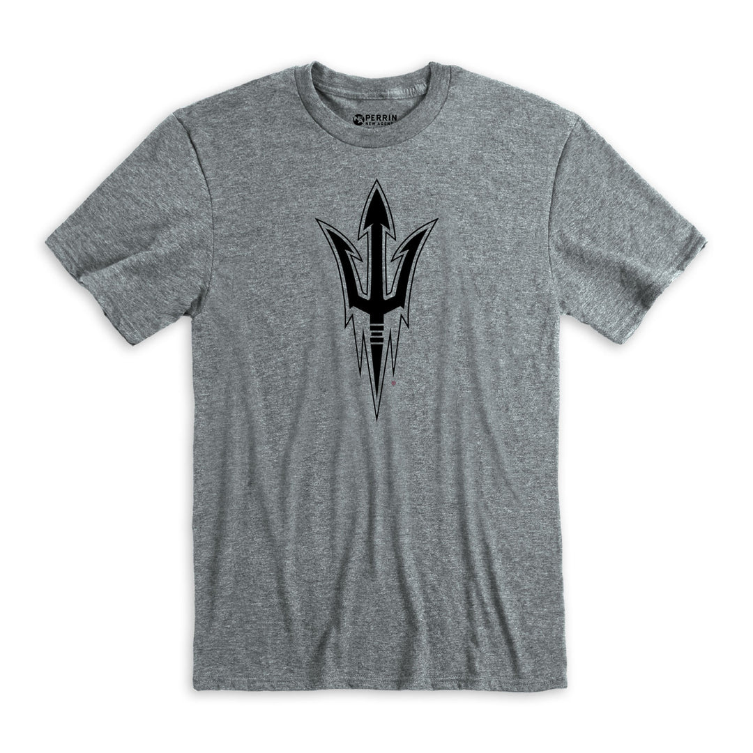 Gray t-shirt with a black logo on a white background