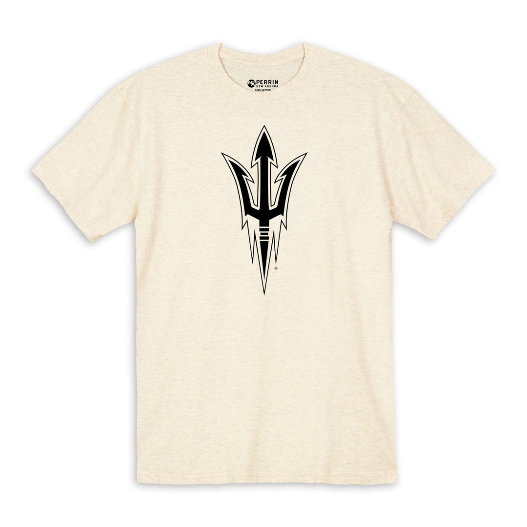 Beige t-shirt with black logo on a white background