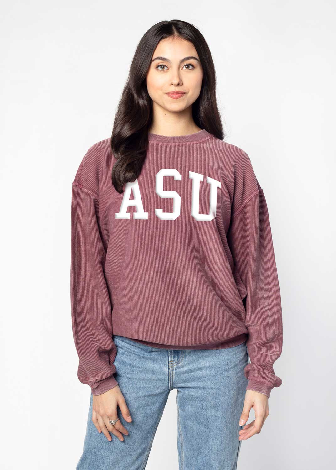 maroon corduroy textured crewneck with "ASU" in white puff letters