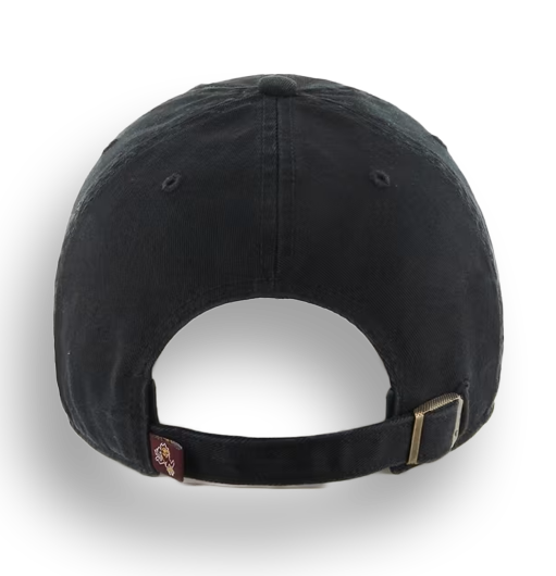 Back of black hat with Sparky tag on the left side of the adjustable strap
