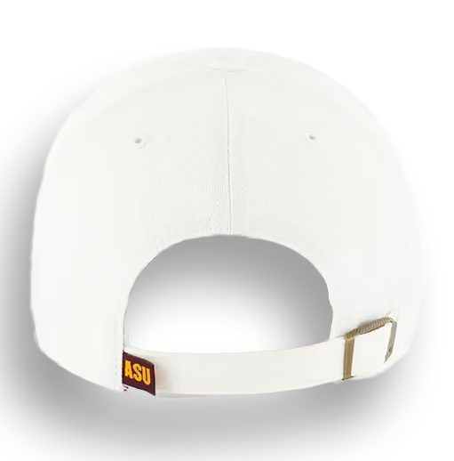 Back of white hat with ASU tag at the left side of the adjustable strap