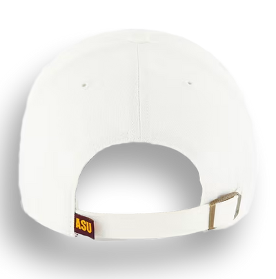 Back of white hat with ASU tag at the left side of the adjustable strap