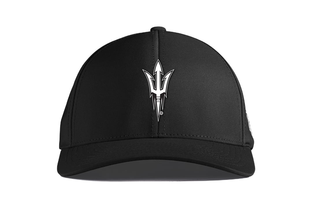 Black cap with a white logo on a white background