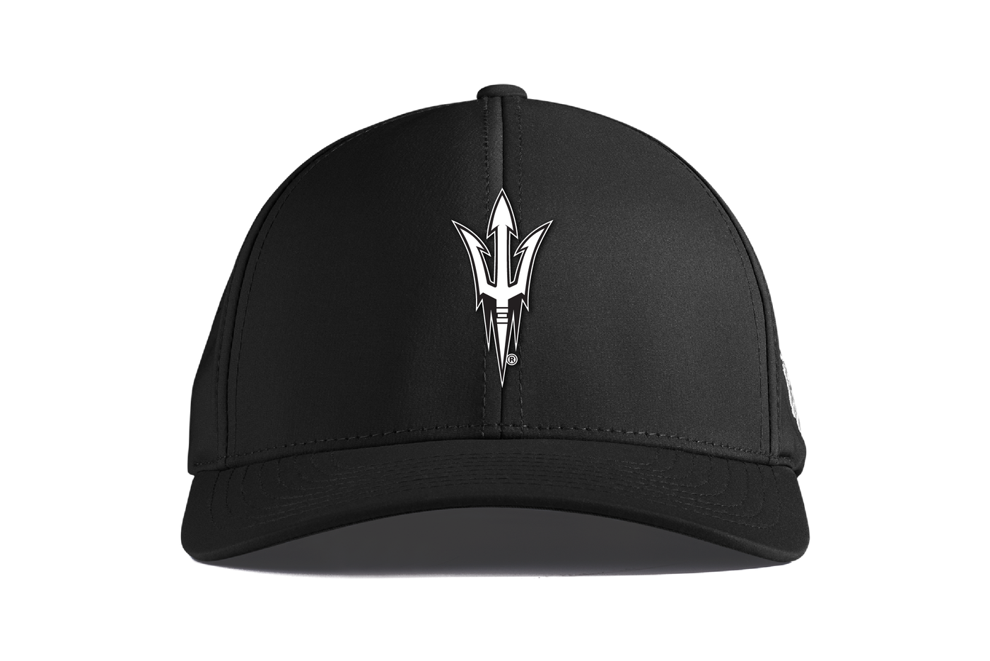 Black cap with a white logo on a white background