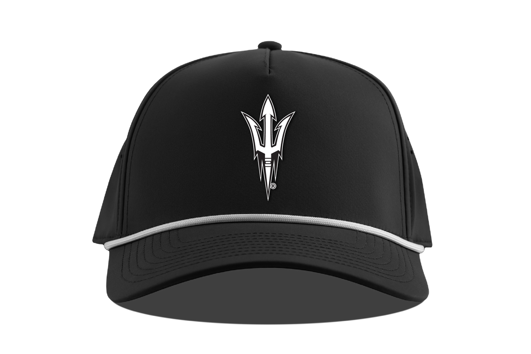 Black cap with a white logo on a white background