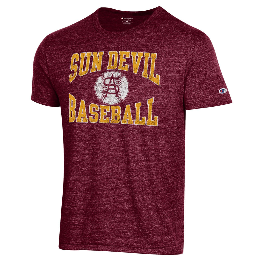 Heathered maroon Champion tee with A and S logo and baseball on the chest. Text on the chest that reads 'Sun Devil Baseball' in gold and outlined in white. 