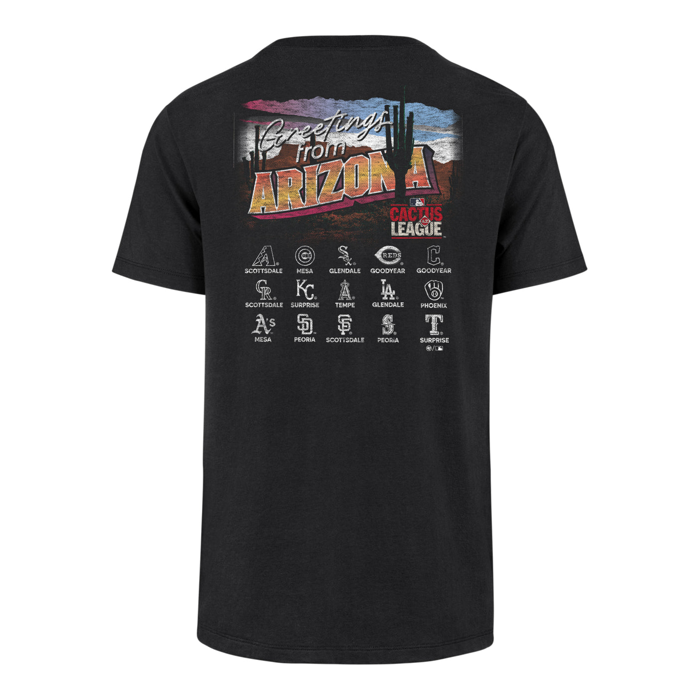 Black t-shirt with 'Greetings from Arizona' graphic and Cactus League team logos underneath. 
