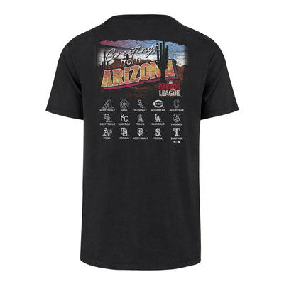 Black t-shirt with 'Greetings from Arizona' graphic and Cactus League team logos underneath. 