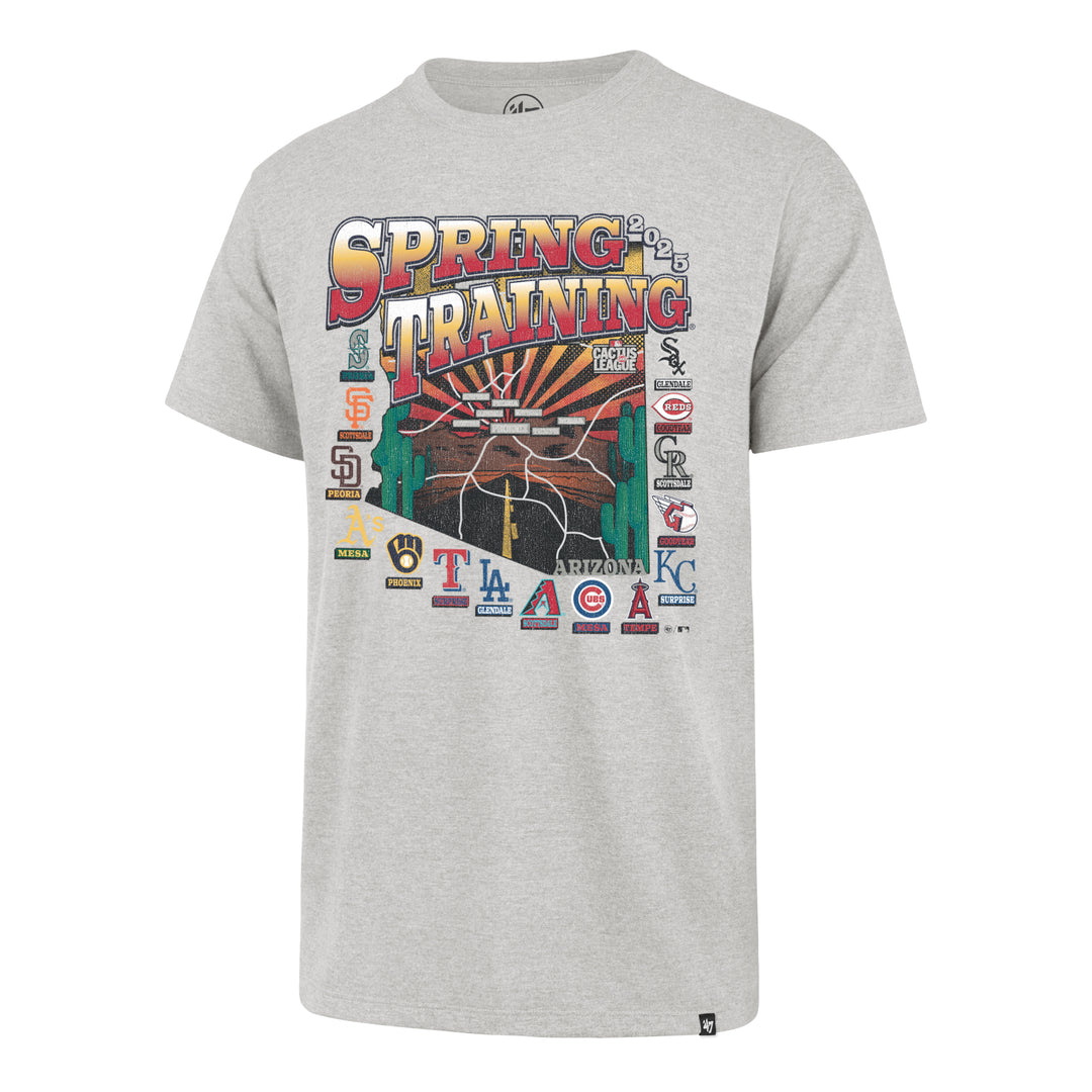 Grey short sleeve tee with 'Spring Training 2025' over Arizona state road map with Cactus League team logos.
