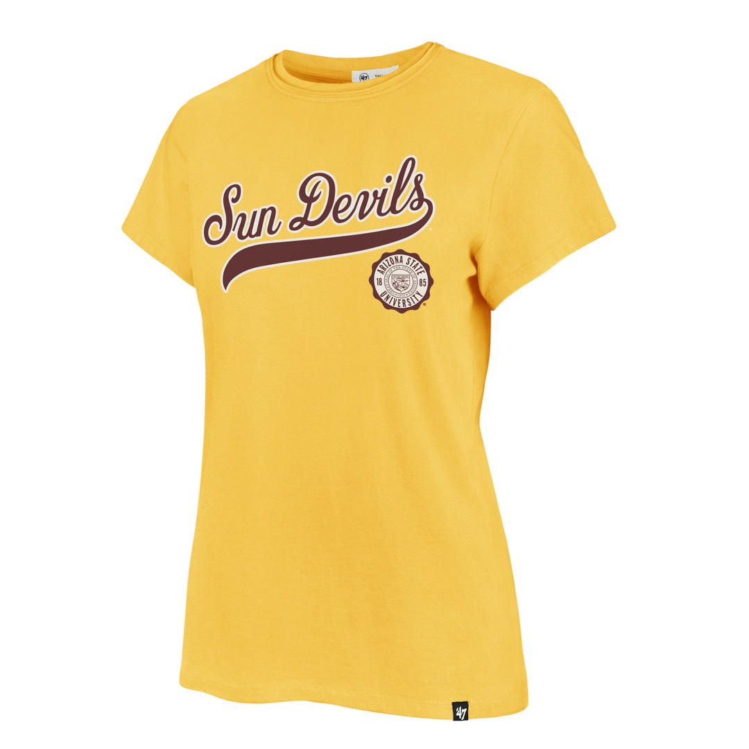 Gold tee with maroon "Sun Devils' in cursive script and Arizona State University seal below.