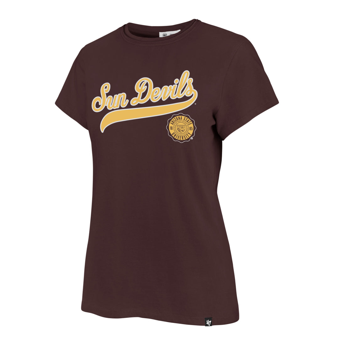 Maroon tee with gold 'Sun Devils' in cursive script and Arizona State University seal below it.